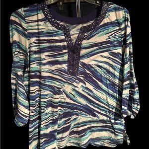 Women’s Blue Patterned Long Sleeve Top with Embellished Neckline